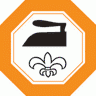 Schwarzes Bügeleisen-Symbol mit einer Lilie auf orangefarbenem Hintergrund.