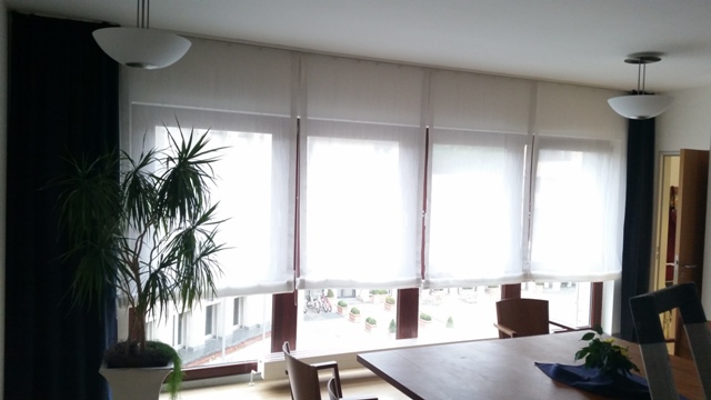 Helle Wohnküche mit großen Fenstern, Rollos und einer Zimmerpflanze.